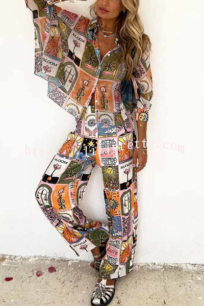 Lilipretty Whimsical Tarot Inspired Print Dolman Sleeve Flowy Shirt and Elastic Waist Wide Leg Pants Set