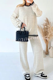 LIlipretty Life Memories Knit Contrast Stitch Trim Pullover Sweater and Stretch Loose Pants Set