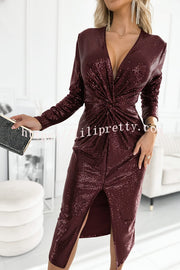 Coralia Sequin V-neck Long Sleeve Twist Waist Front Slit Midi Dress