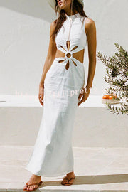 Omnia Linen Blend Ring and Flower Cutout Detail Back Tie-up Maxi Dress