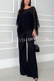 Vanie Chiffon Cape Batwing Sleeve Top and High Waist Pocket Wide Leg Pants Set