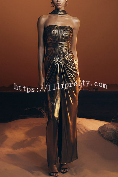 Clemence Plisse Metallic Fabric Reverse Halter Beck Strap Drape Slit Maxi Dress