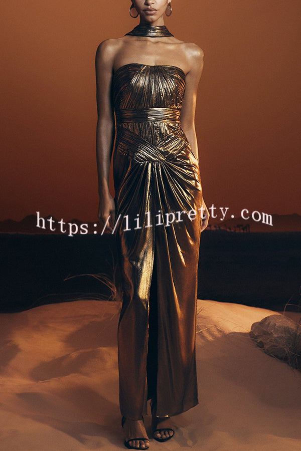 Clemence Plisse Metallic Fabric Reverse Halter Beck Strap Drape Slit Maxi Dress