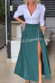 Perfect Shape Elastic Waist Zipper Detail Pocket Cargo Maxi Skirt