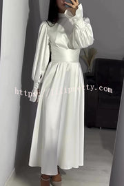 Solid Color Ruffled Sleeves Waisted Tie Slim Fit Maxi Dress