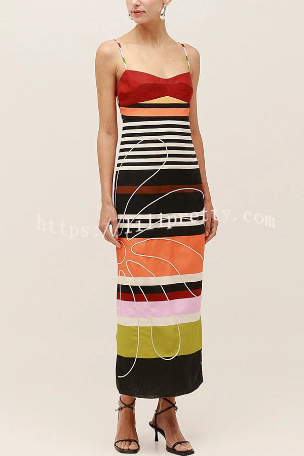 Beach Moment Linen Blend Unique Flower Color Block Slip Maxi Dress