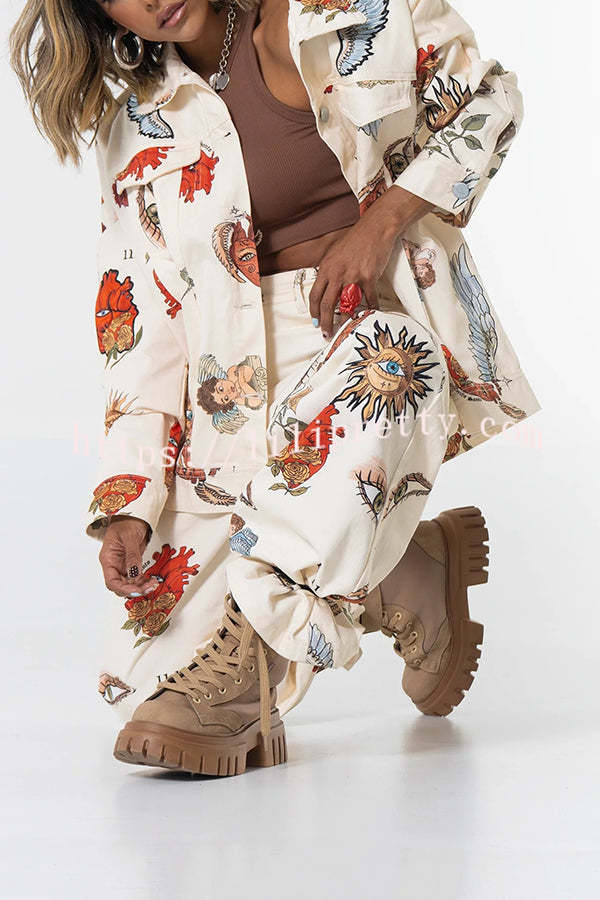 Angel Wings Denim Unique Print Button Up Long Sleeve Pocketed Relaxed Jacket