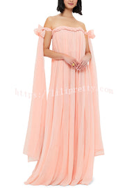 Fairy Spirit Tulle Braided Neckline Tie Arm Straps Pleated Maxi Dress