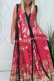 Vanna Unique Tropical Print Black Patchwork Detail A-line Maxi Dress