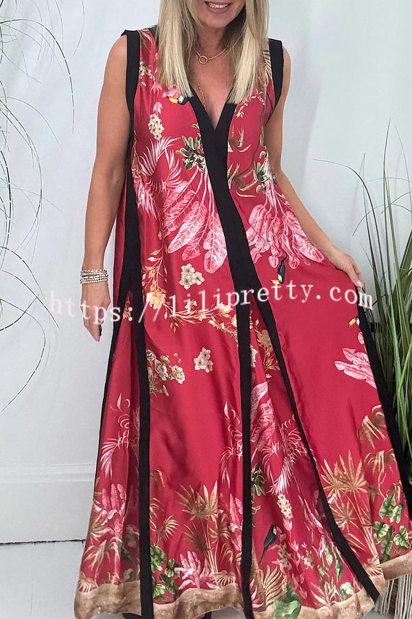 Vanna Unique Tropical Print Black Patchwork Detail A-line Maxi Dress