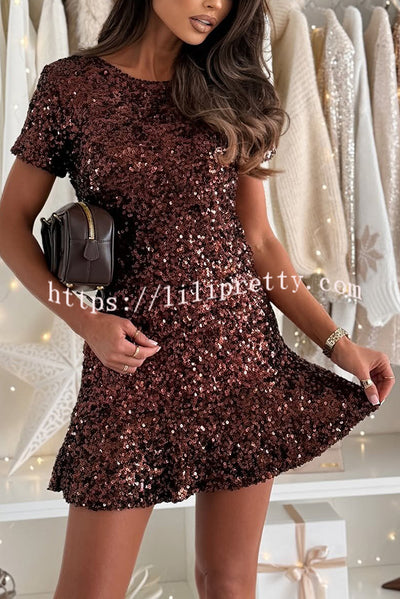 Midnight Fizz Sequin Short Sleeve Top and Elastic Waist Mini Skirt Set