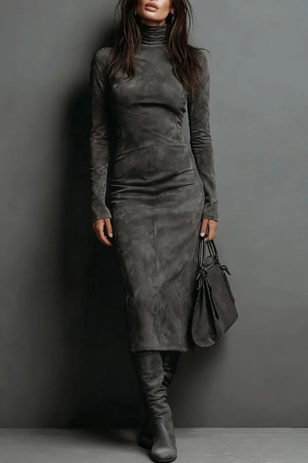 Stylish High-neck Long-sleeved Slim-fit Midi Dress
