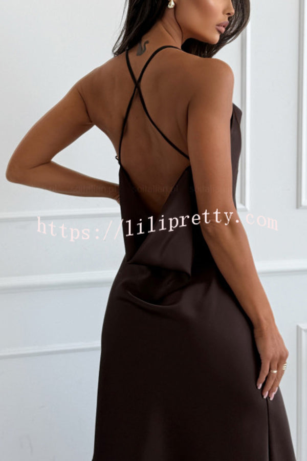 Jensin Satin Lace Trim Cowl Neck Back Cross Lace-up Slit Midi Dress