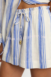 Stripe Print Lapel Long-sleeved Casual Shirt and Elastic Waist Loose Shorts Set