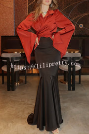Jenny Satin Button Front Center Cross Straps Long Bell Sleeve Shirt