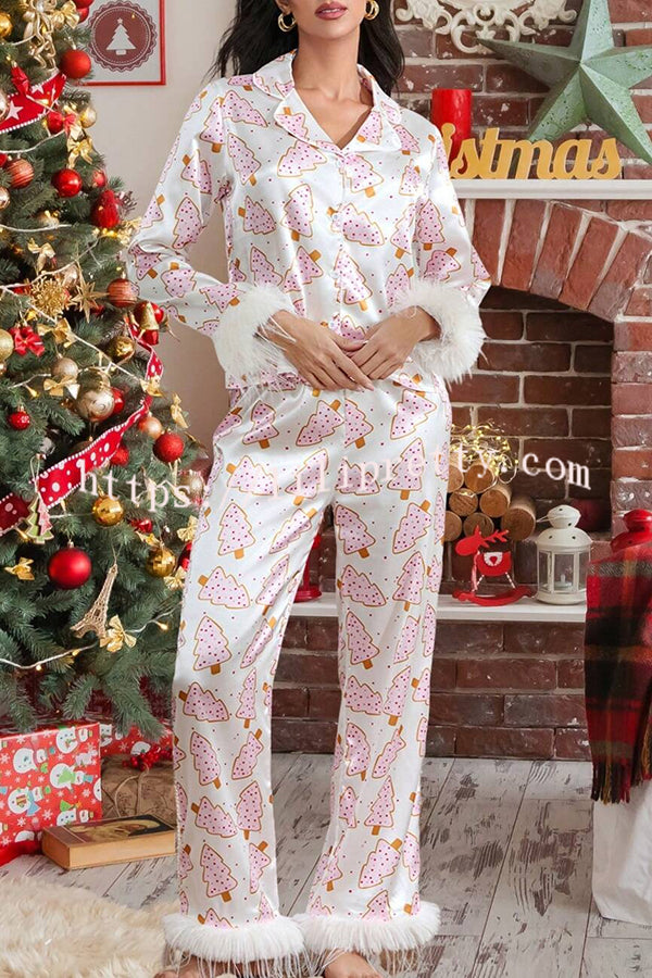 Christmas Print Feather Trim Elastic Waist Pocket Pajama Set