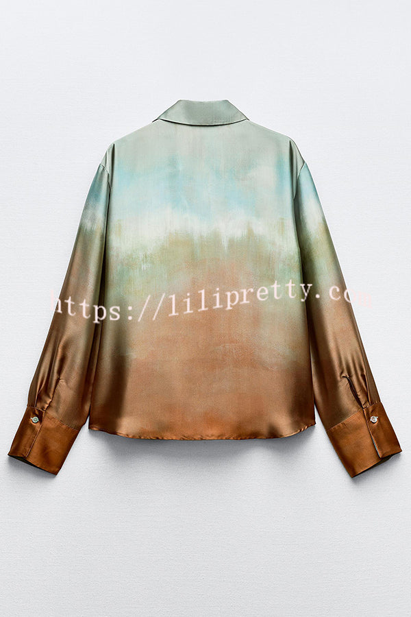Fashionable Gradient Print Lapel Long Sleeve Casual Shirt