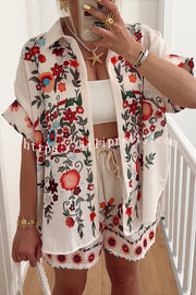 Linen Blend Floral Print Short Sleeve Loose Shirt and Elastic Waist Tie Casual Shorts Set