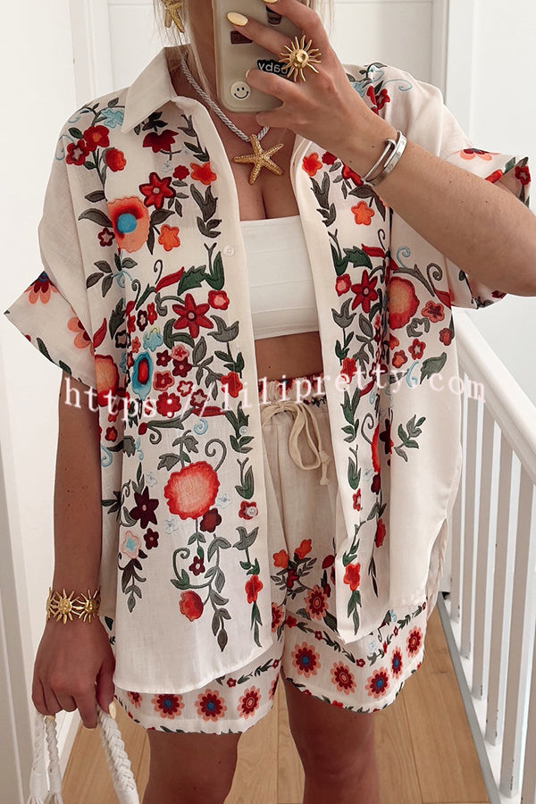 Linen Blend Floral Print Short Sleeve Loose Shirt and Elastic Waist Tie Casual Shorts Set