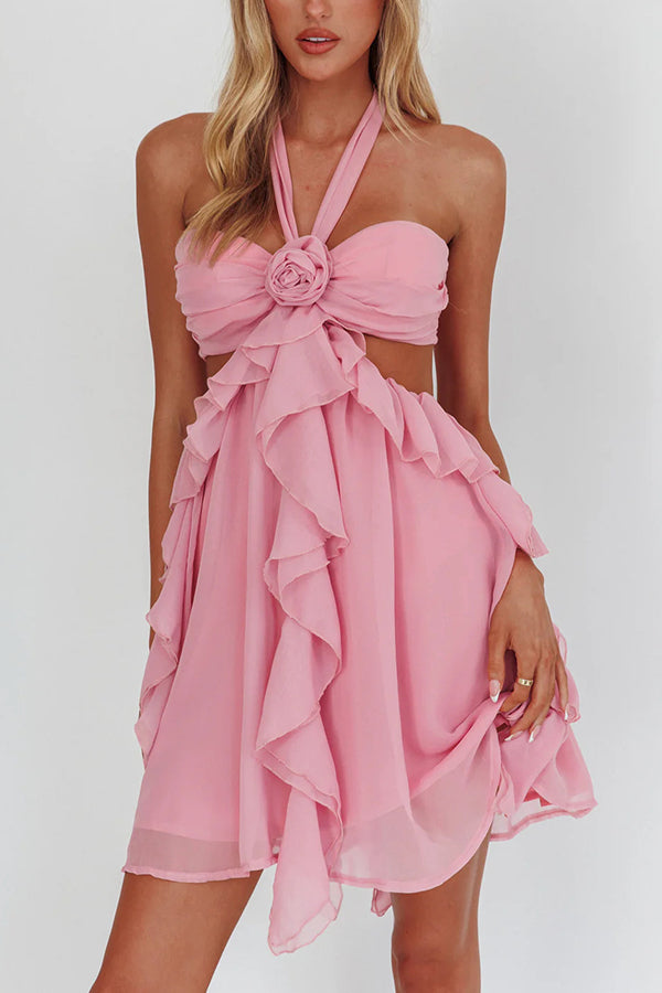 Romantic Midnight Rose Detail Cutout Ruffles Halter Mini Dress