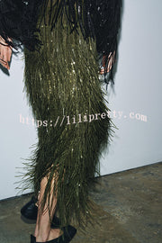 Party Crasher Layered Sequined Tassels High Rise Back Zipper Midi Skirt