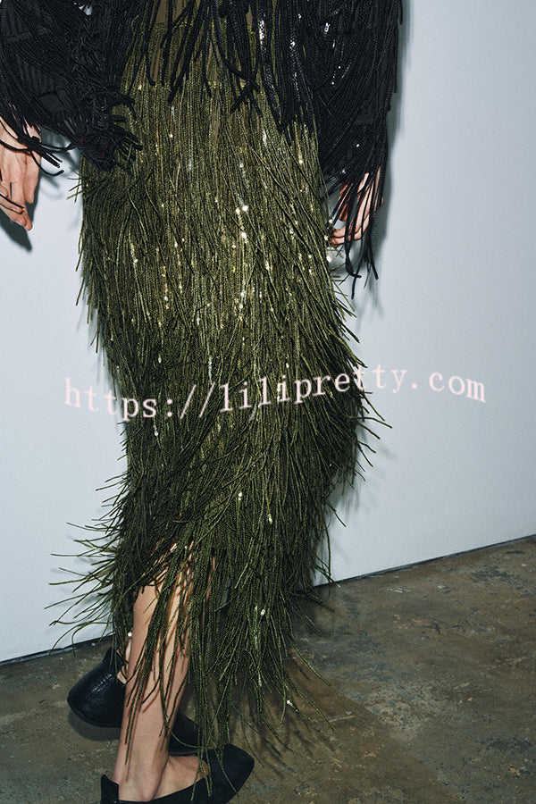 Party Crasher Layered Sequined Tassels High Rise Back Zipper Midi Skirt