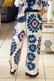 Unique Printed Lapel Long-sleeved Loose Shirt and Casual Pocket Wide-leg Pants Set