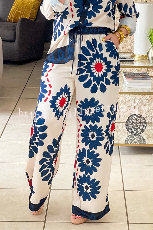 Unique Printed Lapel Long-sleeved Loose Shirt and Casual Pocket Wide-leg Pants Set