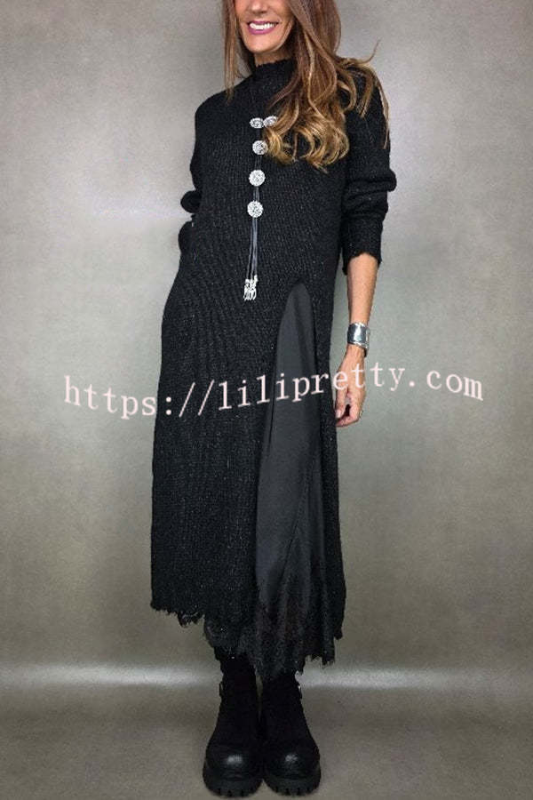 Solid Color Knitted Long-sleeved Casual Slit Midi Dress