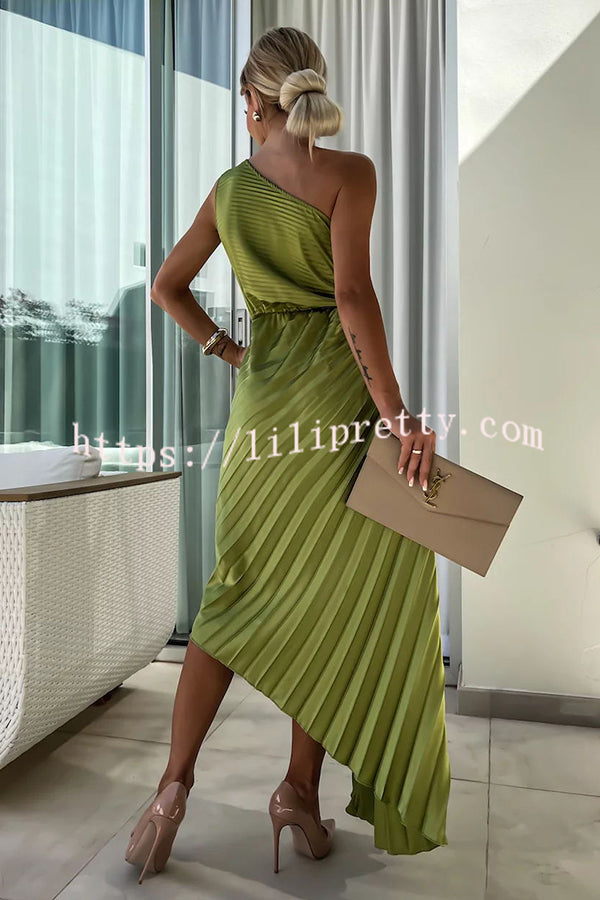 Lilipretty® Romantic Nights Satin Raised Flower Elastic Cutout One Shoulder Pleated Maxi Dress