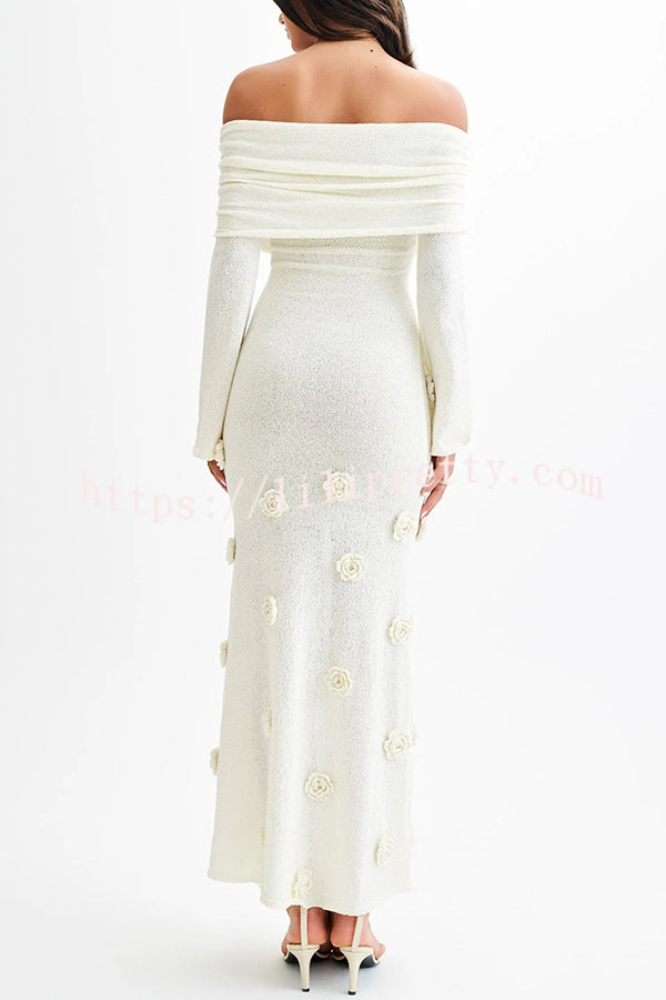 Timeless Sophistication Knit Off Shoulder Rose Detail Stretch Maxi Dress