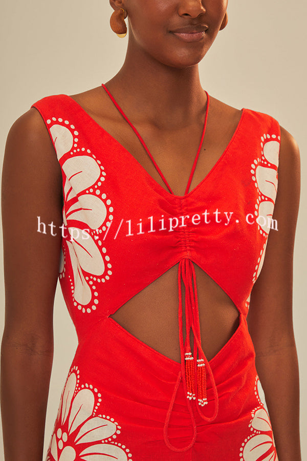 Lilipretty® Summer Embrace Linen Blend Floral Print Drawstring Cutout Detail Midi Dress