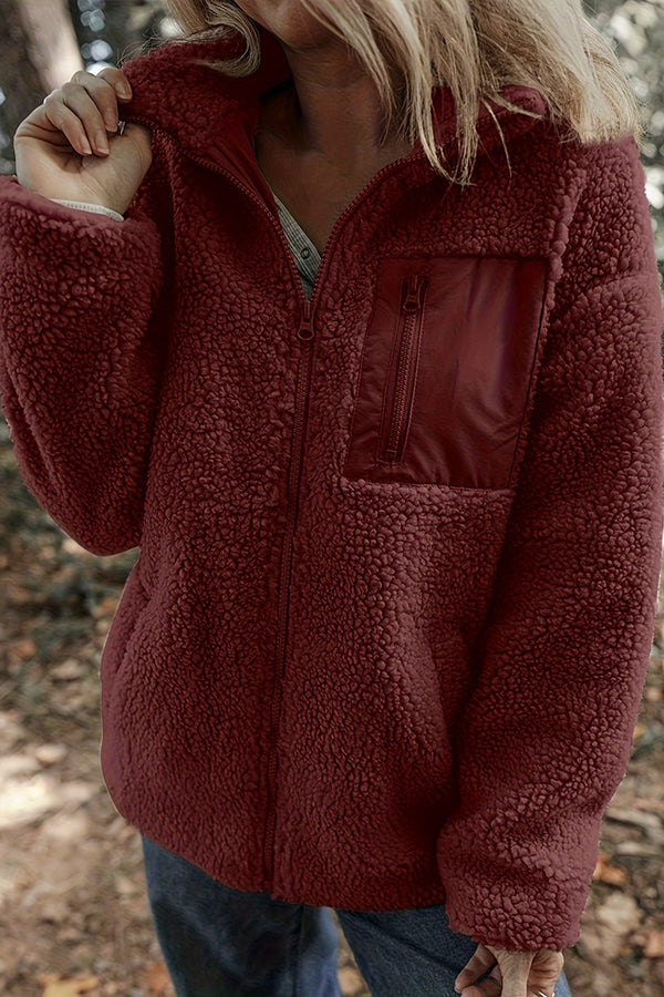 Solid Color Faux Cashmere Zip-up Pocket Casual Jacket