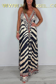 Zebra Print V-neck Open Back Loose Maxi Dress