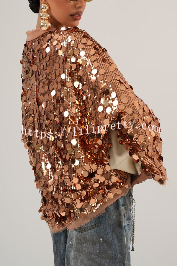 Fashion Sequined Long-sleeved V-neck Loose Lace-up Cardigan