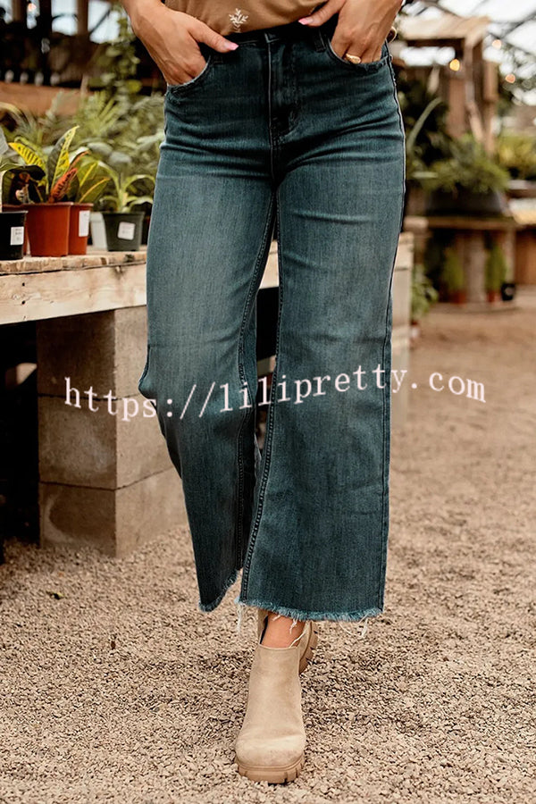 Stylish Raw-edge Mid-rise Pocket Stretch Straight-leg Jeans