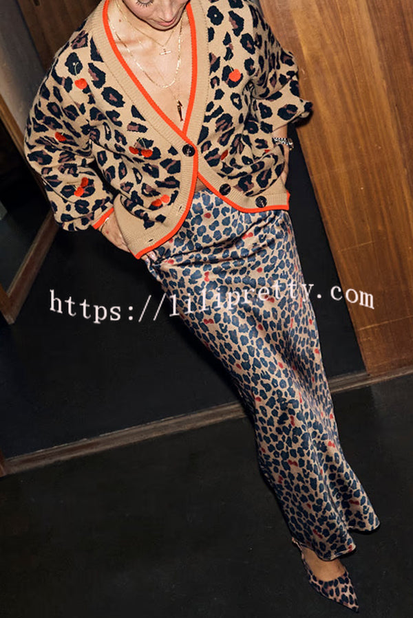Perfect for Winter Leopard Cherry Print Satin Elastic Waist Draped Maxi Dress