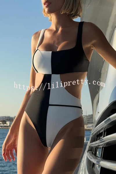 Classic and Timeless Colorblock Cutout Waist Stretch One-piece Swinsuit