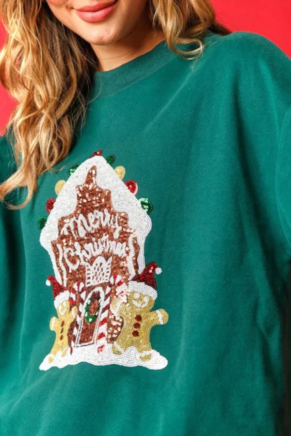 Christmas Candy House Sequined Casual Loose Sweatshirt