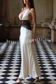 Seductive Details Satin Lace Waist Halter Tie-up Backless Maxi Dress
