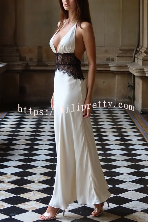 Seductive Details Satin Lace Waist Halter Tie-up Backless Maxi Dress