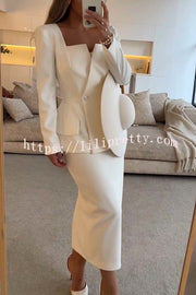 Sculptural Elegance Square Neck Button Blazer and Elastic Waist Pencil Midi Skirt Set