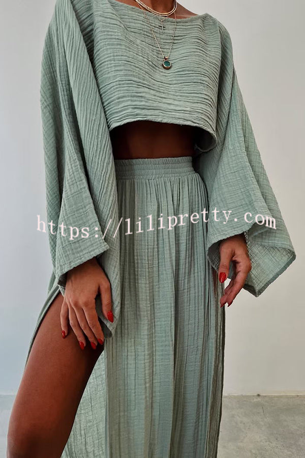 Boho Beach Linen Blend Wide Sleeve Blouse and Elastic Waist Double Slit Skirt Set