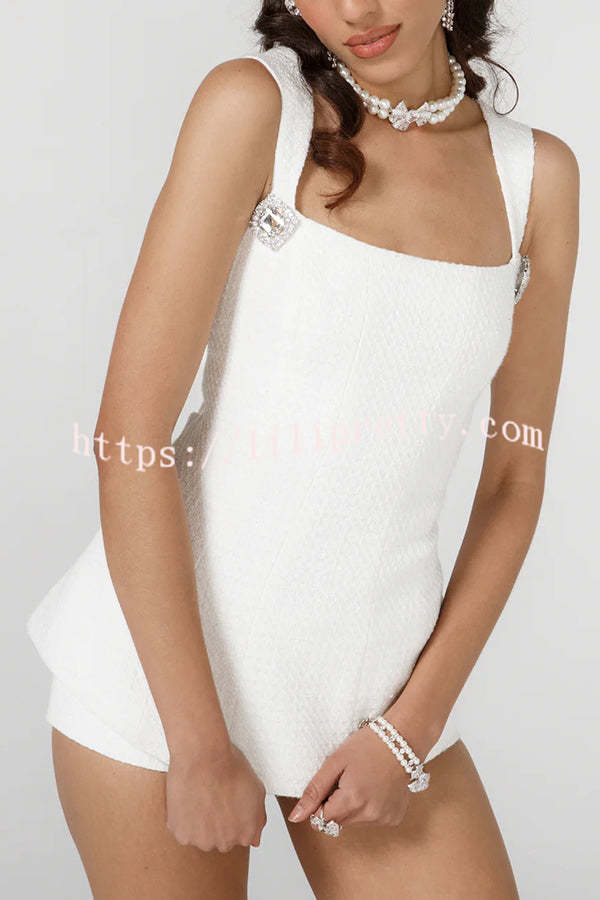 Romantic Tweed Diamond Buckles Square Neck Back Double Bow Tank and Mini Shorts Set