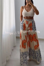 Unique Print Elastic High Waist Tie Pocket Holiday Style Wide Leg Pants