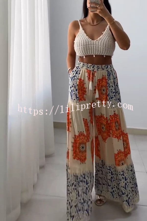 Unique Print Elastic High Waist Tie Pocket Holiday Style Wide Leg Pants