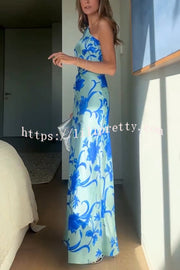 Satin Botanical Print One-Sleeve Resort Maxi Dress