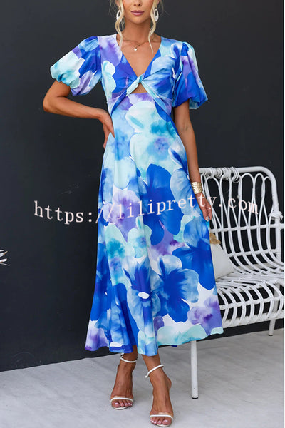 Lilipretty® Sophia Floral Print Satin Puff Sleeve Twist Bust Cutout Midi Dress