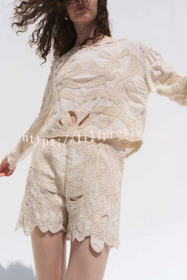 Fashionable Round Neck Long Sleeve Hollow Embroidered Top and Elastic Waist Loose Shorts Set