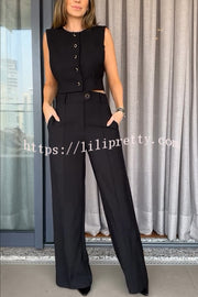 Office Lady Button Up Waisted Vest and High Rise Pocketed Loose Pants Set